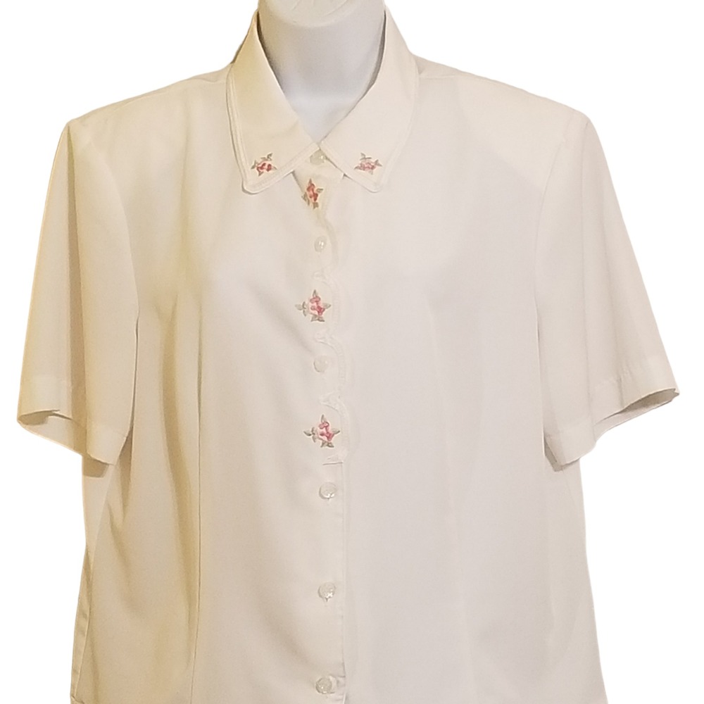 Liz Baker Vintage Blouse 14 White Rose Buttons Short Sleeve Floral Embroidery